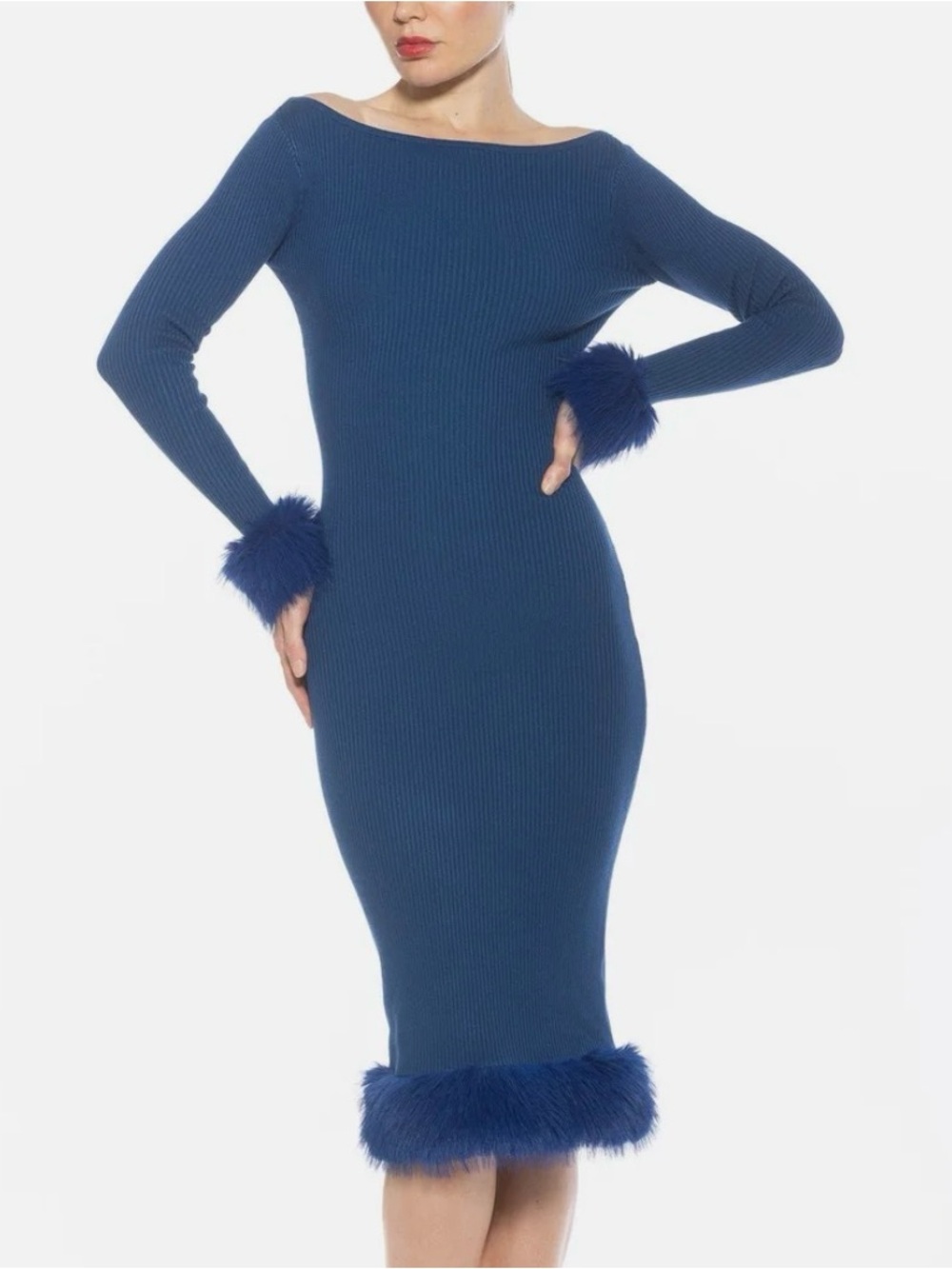 Alexia Admor Selena Ribbed Midi Dress with Faux-Fur Trim